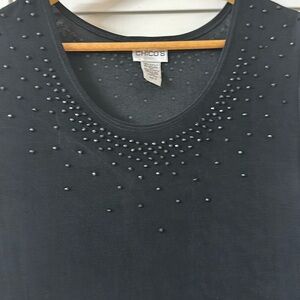 Chico's Women’s Black Slinky Sheer Long Sleeve Flutter Hem Beaded Dress Size 6